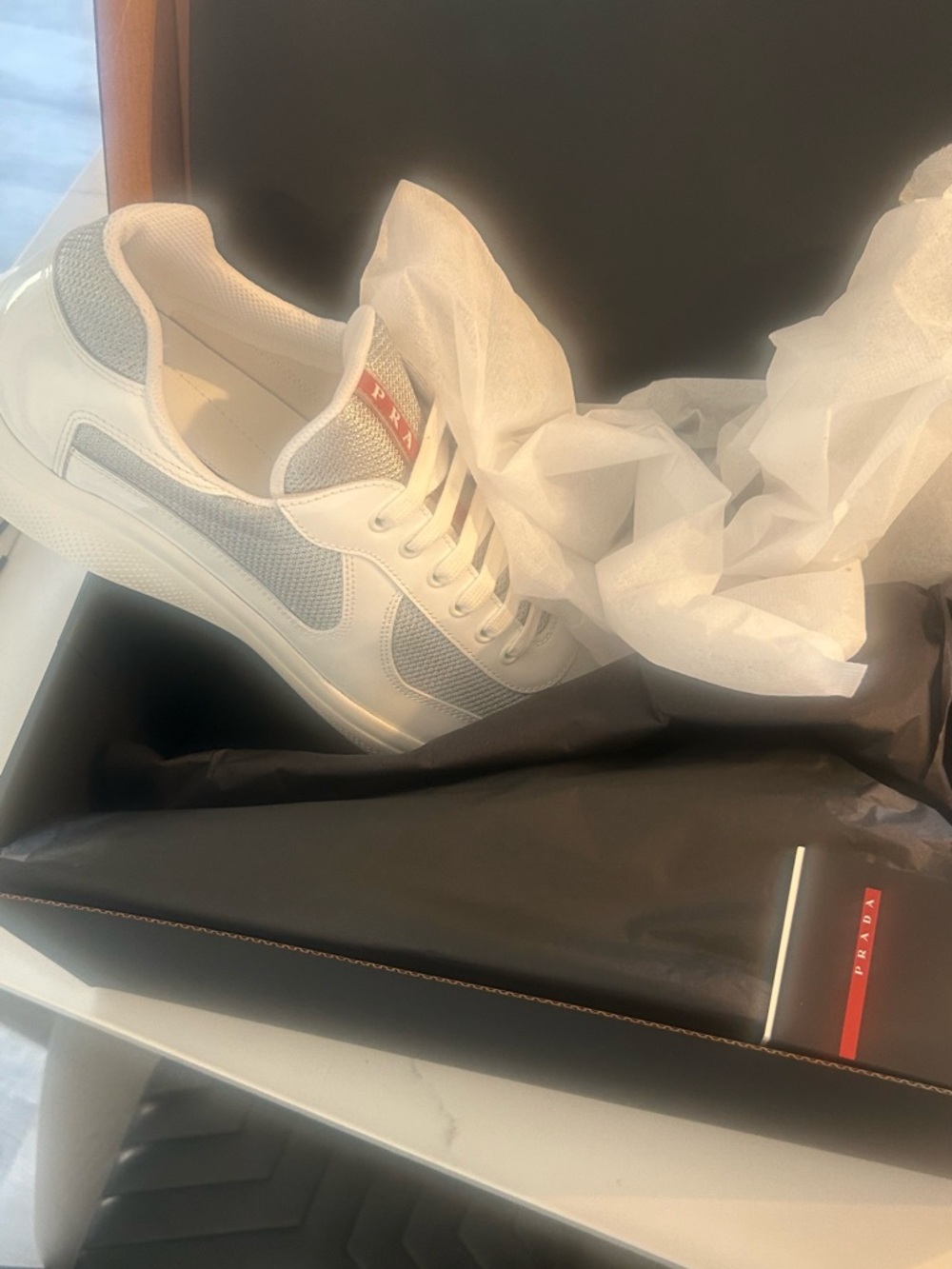 Prada White Slip-On Sneaker with Silver Mesh and Red Logo - Picture 14 of 14